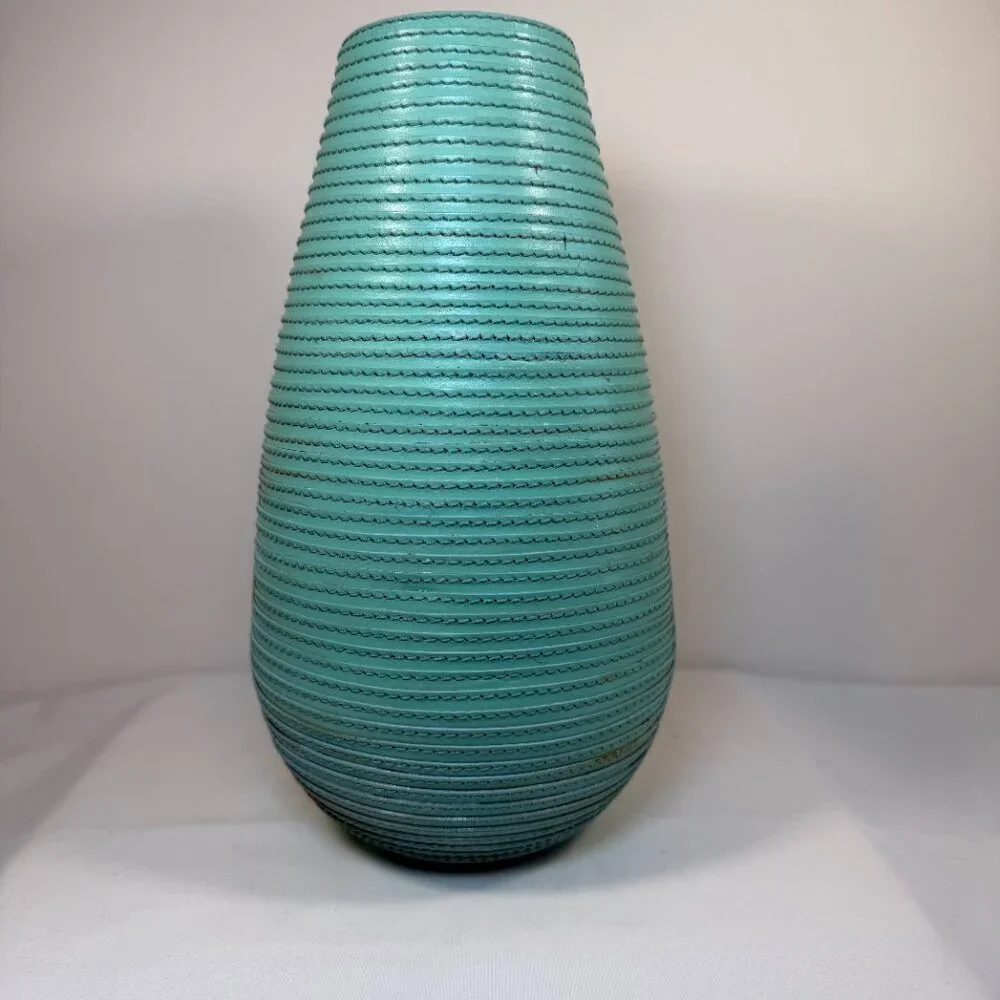 CRATE & BARREL Aqua Leather Spiral Wrapped Tall Vase Decor 10.5